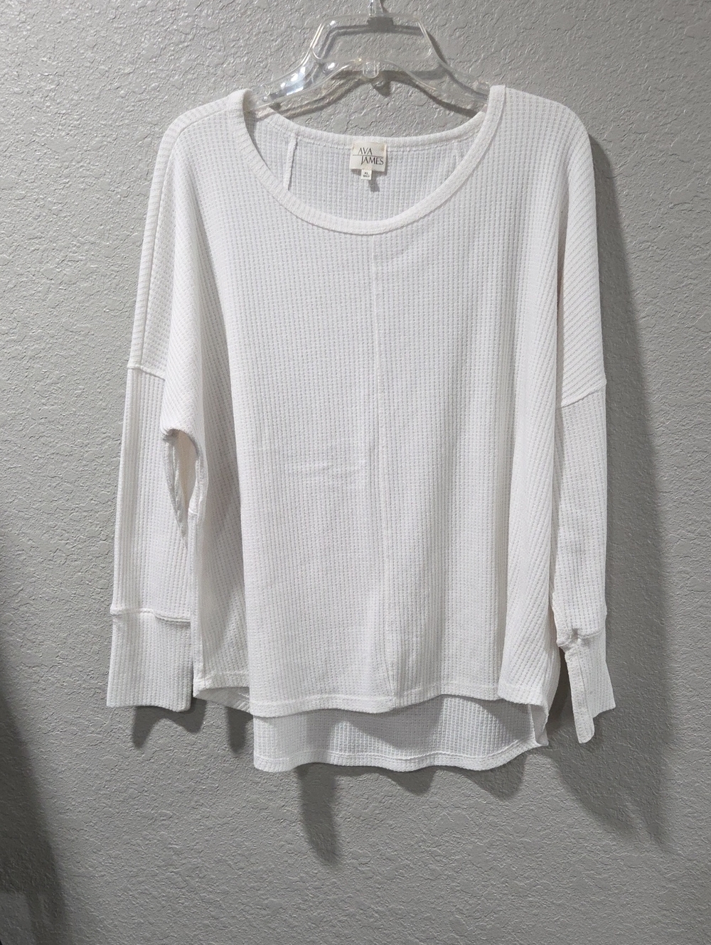 AVA James White Waffle-Knit Long Sleeve Scoop Top